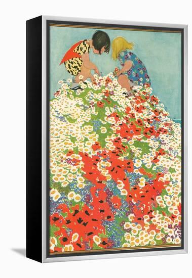 Little Girls in Field of Flowers-null-Framed Stretched Canvas