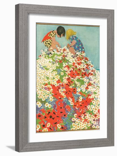 Little Girls in Field of Flowers-null-Framed Premium Giclee Print