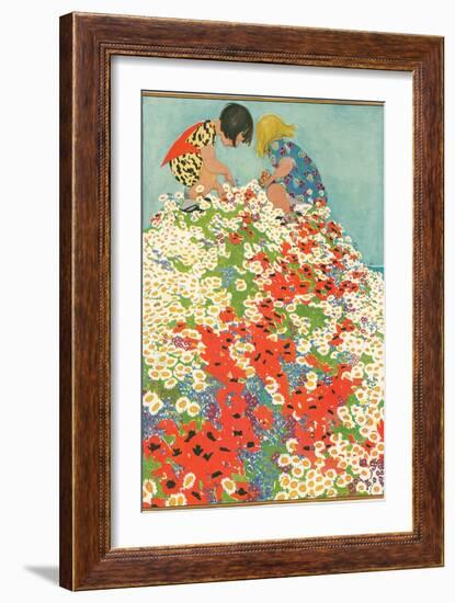 Little Girls in Field of Flowers-null-Framed Premium Giclee Print