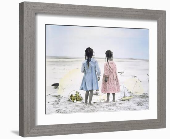 Little Girls on Beach with Flowers and Toy Sail Boat-Nora Hernandez-Framed Giclee Print
