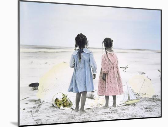 Little Girls on Beach with Flowers and Toy Sail Boat-Nora Hernandez-Mounted Giclee Print