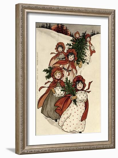 Little Girls with Holly and the Christmas Tree-Florence Hardy-Framed Giclee Print