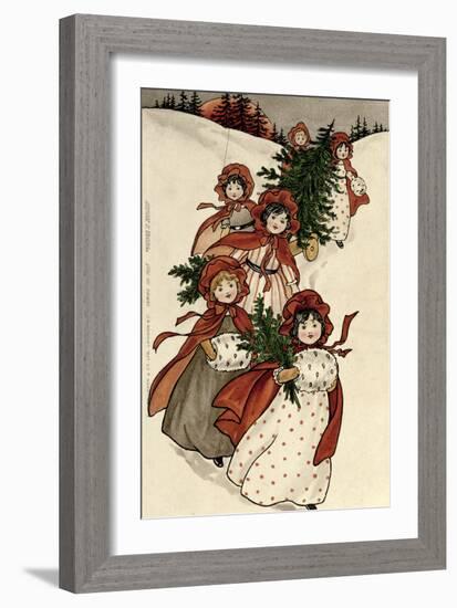 Little Girls with Holly and the Christmas Tree-Florence Hardy-Framed Giclee Print