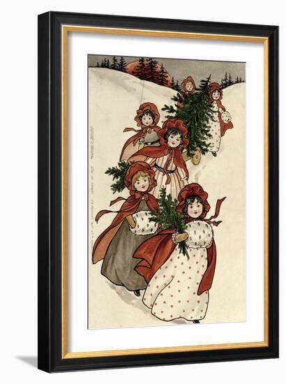 Little Girls with Holly and the Christmas Tree-Florence Hardy-Framed Giclee Print