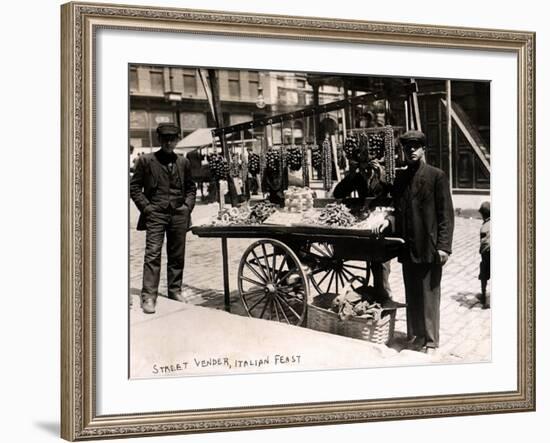 Little Italy - Street Vendor with Wares Displayed on a Handcart During a Festival, New York, 1908-null-Framed Photo