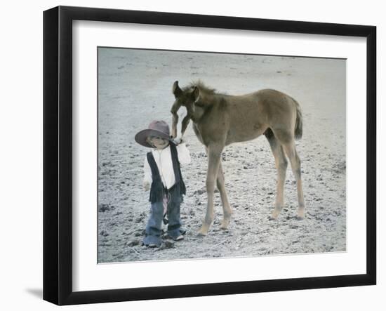 Little Kid Dressed Like Cowboy with Horse-Nora Hernandez-Framed Giclee Print