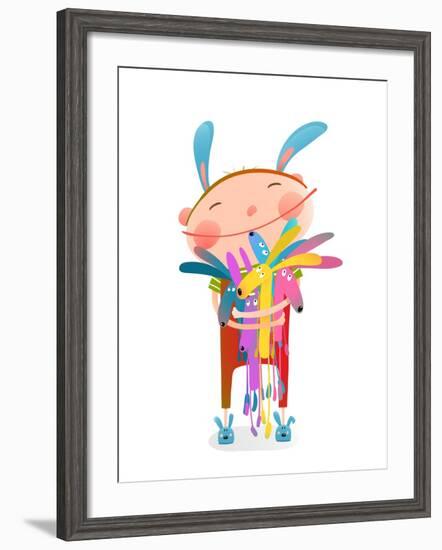 Little Kid Hugging Rabbits Funny Cute Toys. Little Girl or Boy Hugging Bunnies. Happy Child in Bunn-Popmarleo-Framed Art Print