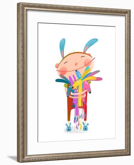 Little Kid Hugging Rabbits Funny Cute Toys. Little Girl or Boy Hugging Bunnies. Happy Child in Bunn-Popmarleo-Framed Art Print