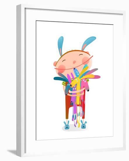 Little Kid Hugging Rabbits Funny Cute Toys. Little Girl or Boy Hugging Bunnies. Happy Child in Bunn-Popmarleo-Framed Art Print