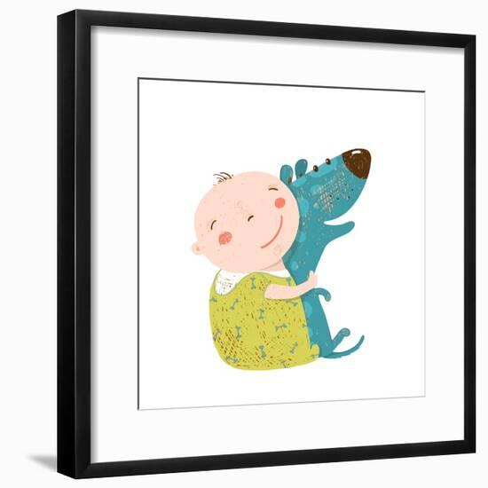 Little Kid Hugs Dog Best Happy Friends. Child Happiness Smiling with Friend Animal Pet, Vector Cart-Popmarleo-Framed Premium Giclee Print