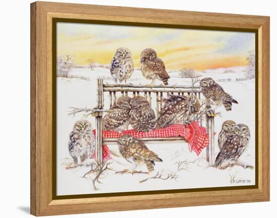 Little Owls on Twig Bench, 1999-E.B. Watts-Framed Premier Image Canvas