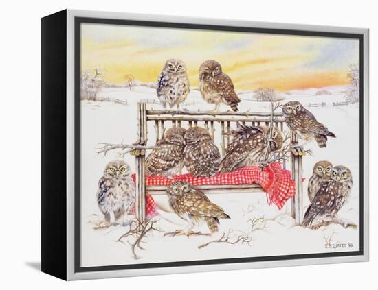 Little Owls on Twig Bench, 1999-E.B. Watts-Framed Premier Image Canvas