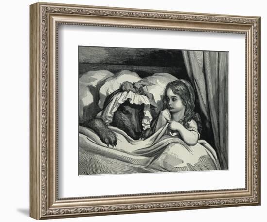 Little Red Riding Hood and Wolf Dressed as Her Grandmother-Gustave Doré-Framed Art Print