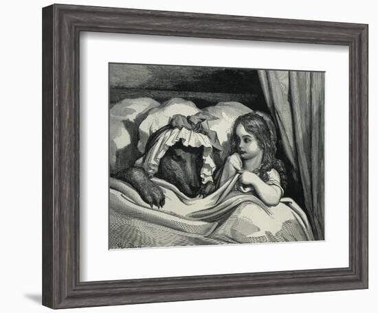 Little Red Riding Hood and Wolf Dressed as Her Grandmother-Gustave Doré-Framed Art Print