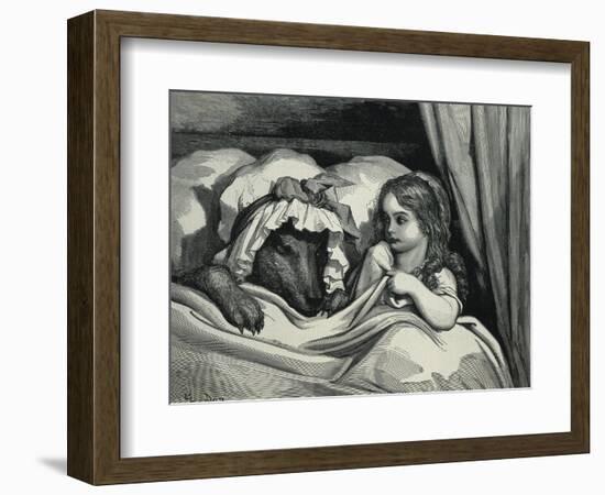 Little Red Riding Hood and Wolf Dressed as Her Grandmother-Gustave Doré-Framed Art Print