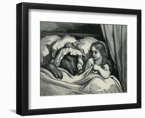 Little Red Riding Hood and Wolf Dressed as Her Grandmother-Gustave Doré-Framed Art Print