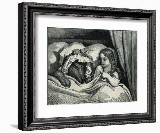 Little Red Riding Hood and Wolf Dressed as Her Grandmother-Gustave Doré-Framed Art Print