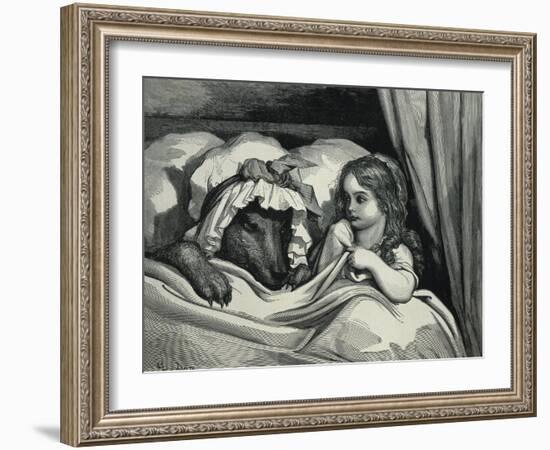 Little Red Riding Hood and Wolf Dressed as Her Grandmother-Gustave Doré-Framed Art Print