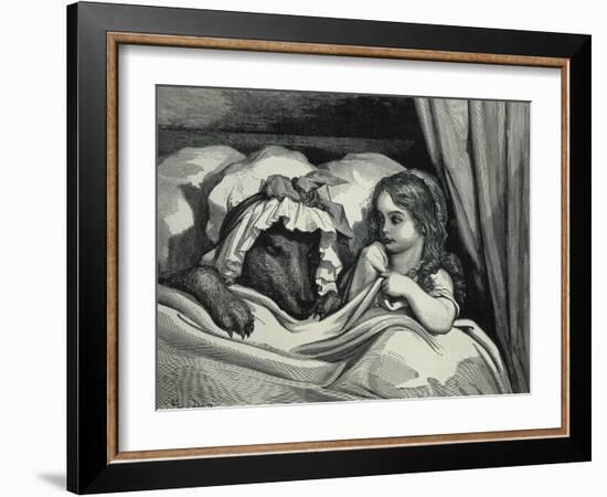 Little Red Riding Hood and Wolf Dressed as Her Grandmother-Gustave Doré-Framed Art Print