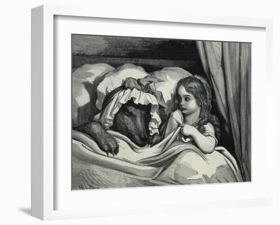 Little Red Riding Hood and Wolf Dressed as Her Grandmother-Gustave Doré-Framed Art Print