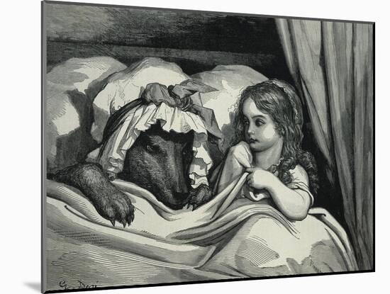 Little Red Riding Hood and Wolf Dressed as Her Grandmother-Gustave Doré-Mounted Art Print