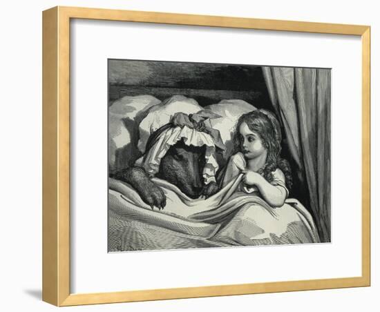 Little Red Riding Hood and Wolf Dressed as Her Grandmother-Gustave Doré-Framed Art Print