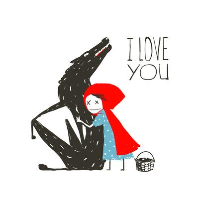 Little Red Riding Hood Loves Black Wolf Little Red Riding Hood Hugs Wolf Illustration For The Fai Art Print Popmarleo Art Com