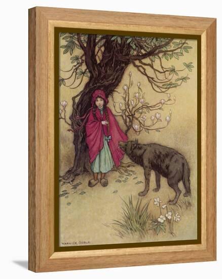 Little Red Riding Hood Meets the Wolf in the Woods-Warwick Goble-Framed Premier Image Canvas