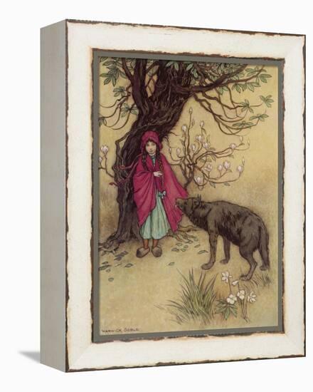 Little Red Riding Hood Meets the Wolf in the Woods-Warwick Goble-Framed Premier Image Canvas
