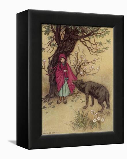 Little Red Riding Hood Meets the Wolf in the Woods-Warwick Goble-Framed Premier Image Canvas