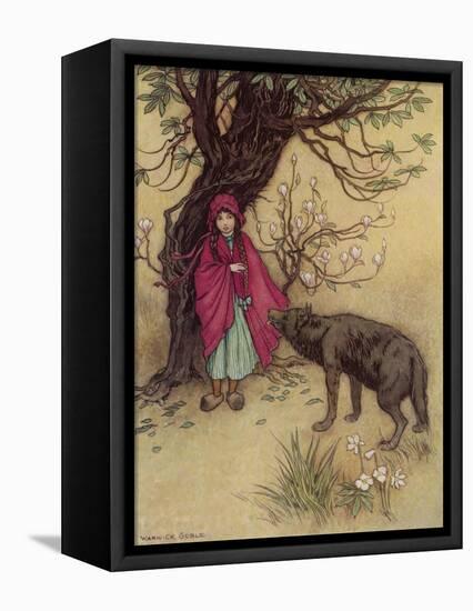 Little Red Riding Hood Meets the Wolf in the Woods-Warwick Goble-Framed Premier Image Canvas