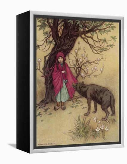 Little Red Riding Hood Meets the Wolf in the Woods-Warwick Goble-Framed Premier Image Canvas