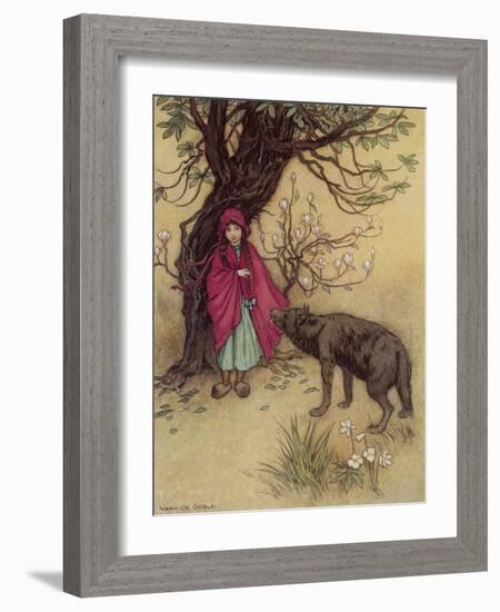 Little Red Riding Hood Meets the Wolf in the Woods-Warwick Goble-Framed Photographic Print