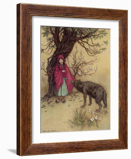 Little Red Riding Hood Meets the Wolf in the Woods-Warwick Goble-Framed Photographic Print