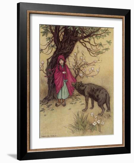 Little Red Riding Hood Meets the Wolf in the Woods-Warwick Goble-Framed Photographic Print