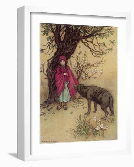 Little Red Riding Hood Meets the Wolf in the Woods-Warwick Goble-Framed Photographic Print