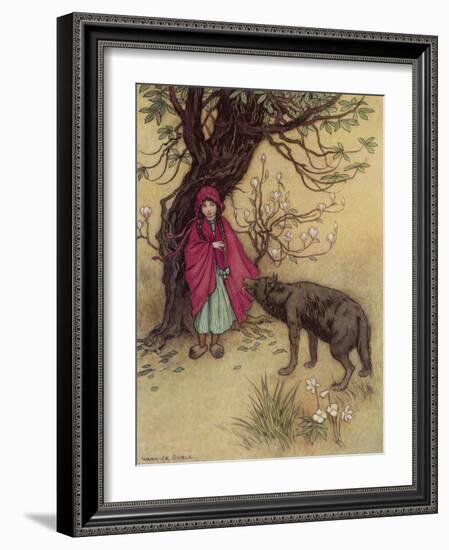 Little Red Riding Hood Meets the Wolf in the Woods-Warwick Goble-Framed Photographic Print