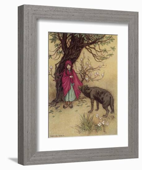 Little Red Riding Hood Meets the Wolf in the Woods-Warwick Goble-Framed Photographic Print