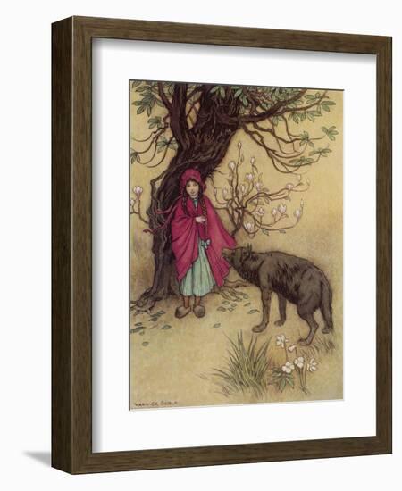 Little Red Riding Hood Meets the Wolf in the Woods-Warwick Goble-Framed Photographic Print