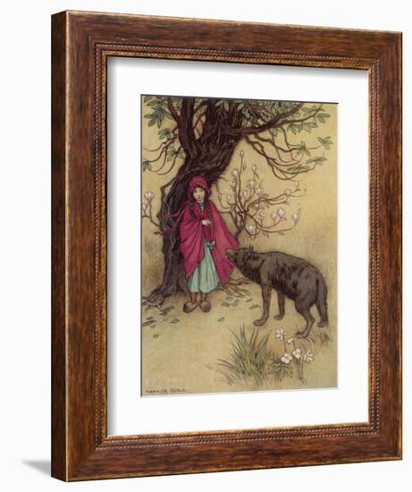 Little Red Riding Hood Meets the Wolf in the Woods-Warwick Goble-Framed Photographic Print