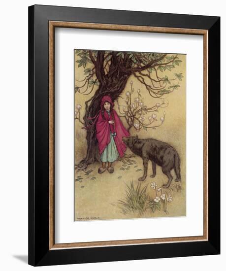 Little Red Riding Hood Meets the Wolf in the Woods-Warwick Goble-Framed Photographic Print