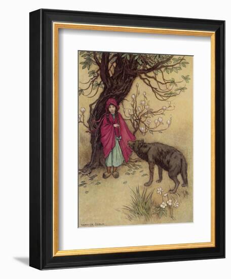 Little Red Riding Hood Meets the Wolf in the Woods-Warwick Goble-Framed Photographic Print