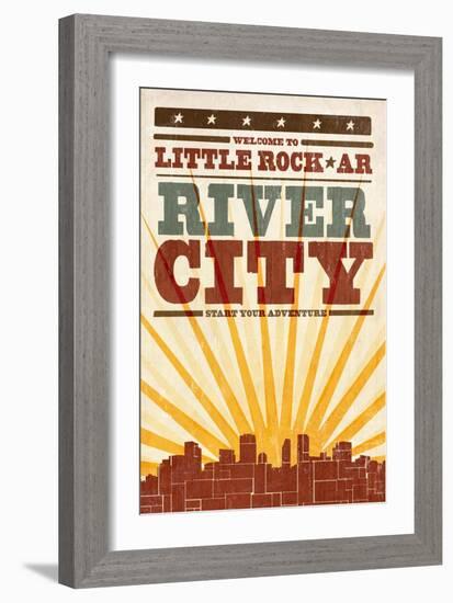 Little Rock, Arkansas - Skyline and Sunburst Screenprint Style-Lantern Press-Framed Art Print