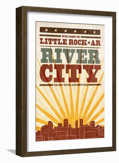 Little Rock, Arkansas - Skyline and Sunburst Screenprint Style-Lantern Press-Framed Art Print