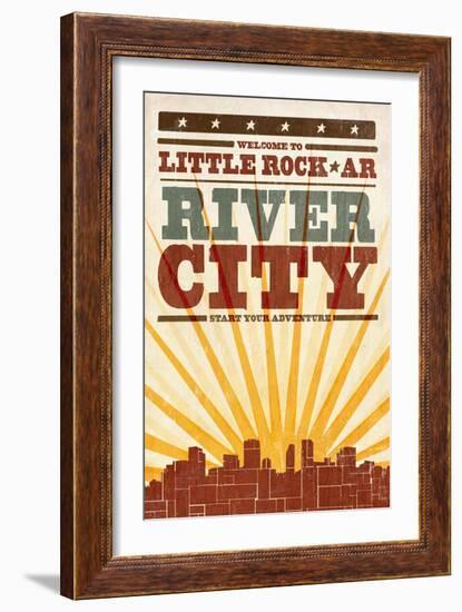 Little Rock, Arkansas - Skyline and Sunburst Screenprint Style-Lantern Press-Framed Art Print