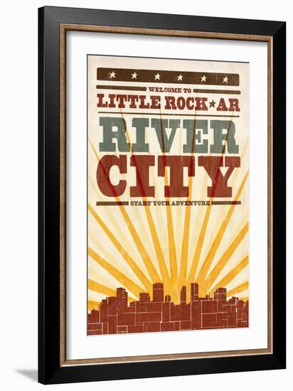 Little Rock, Arkansas - Skyline and Sunburst Screenprint Style-Lantern Press-Framed Art Print