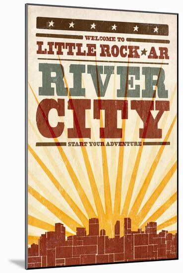 Little Rock, Arkansas - Skyline and Sunburst Screenprint Style-Lantern Press-Mounted Art Print