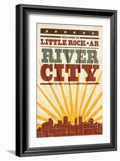 Little Rock, Arkansas - Skyline and Sunburst Screenprint Style-Lantern Press-Framed Art Print