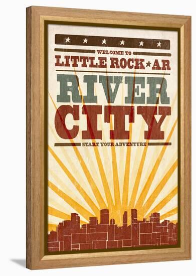 Little Rock, Arkansas - Skyline and Sunburst Screenprint Style-Lantern Press-Framed Stretched Canvas