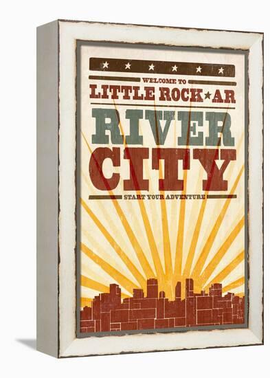 Little Rock, Arkansas - Skyline and Sunburst Screenprint Style-Lantern Press-Framed Stretched Canvas